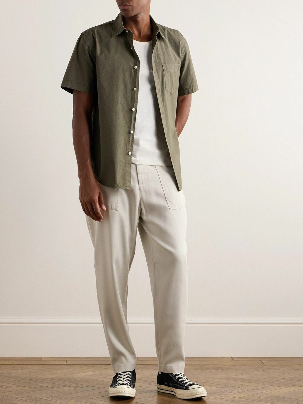 ALEX MILL Shirt Men's Size M Wash & Go Solid Olive Green Cotton Poplin A011144